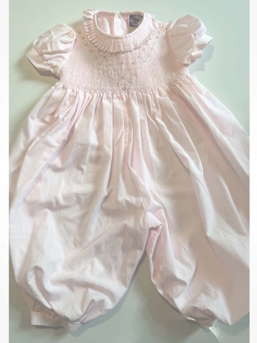Carriage Boutiques Pink Hand Smocked Bubble Romper 9M Heirloom Peter Pan Collar